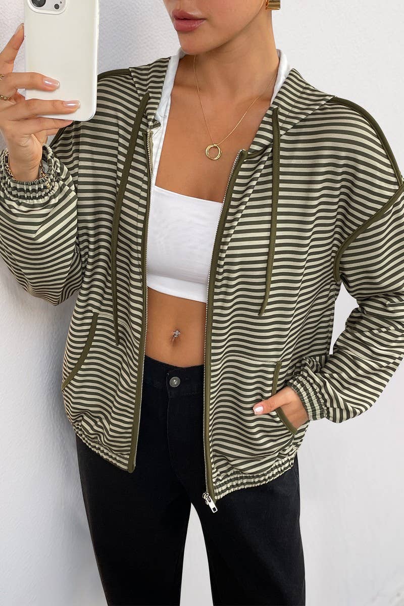CWOCO1266_STRIPED LONG SLEEVE CASUAL HOODED JACKET