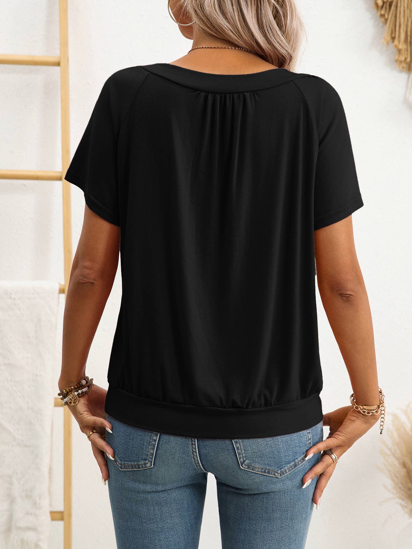 V-neck pleated loose short-sleeved cotton Top
