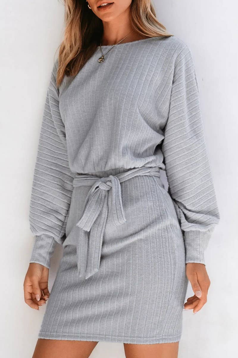 CWDSD10860_BELTED RIBBED KNIT LONG SLEEVE DRESS