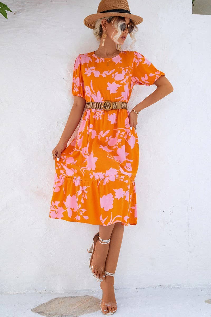 CWDMD2803_CASUAL PUFF SLEEVE PRINTED DRESS