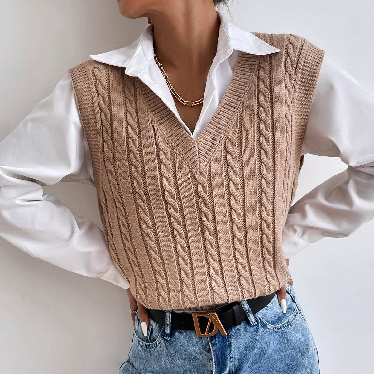 Solid color versatile loose knitted vest