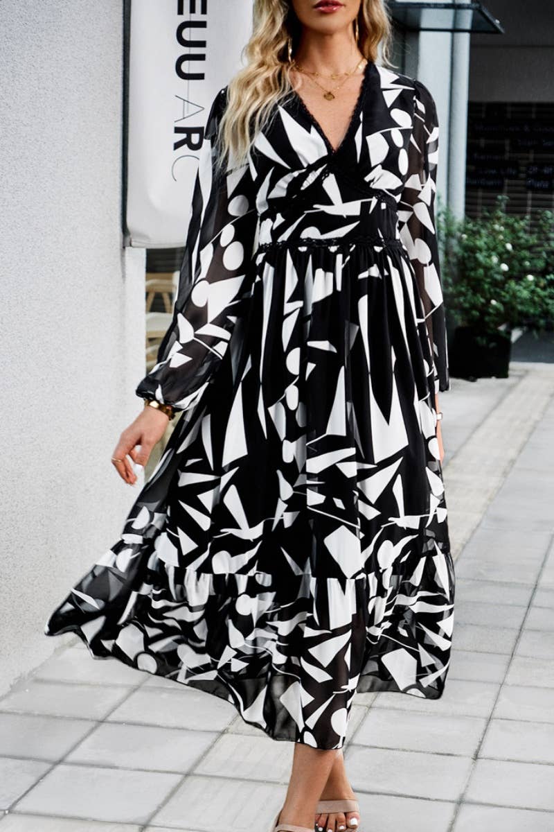 CWDMD3622_AUTUMN CASUAL PRINT V-NECK LONG-SLEEVED DRESS