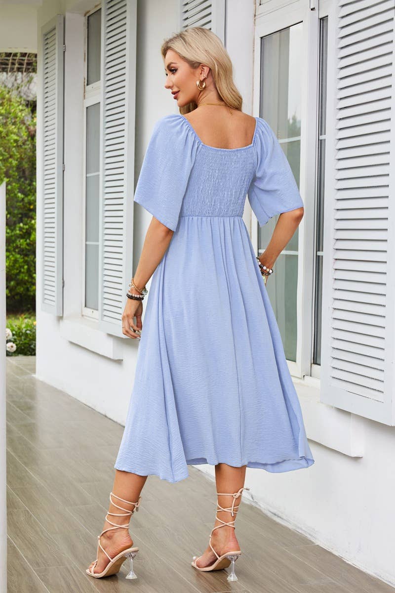 V-neck bow pleated mid-length short-sleeved dress