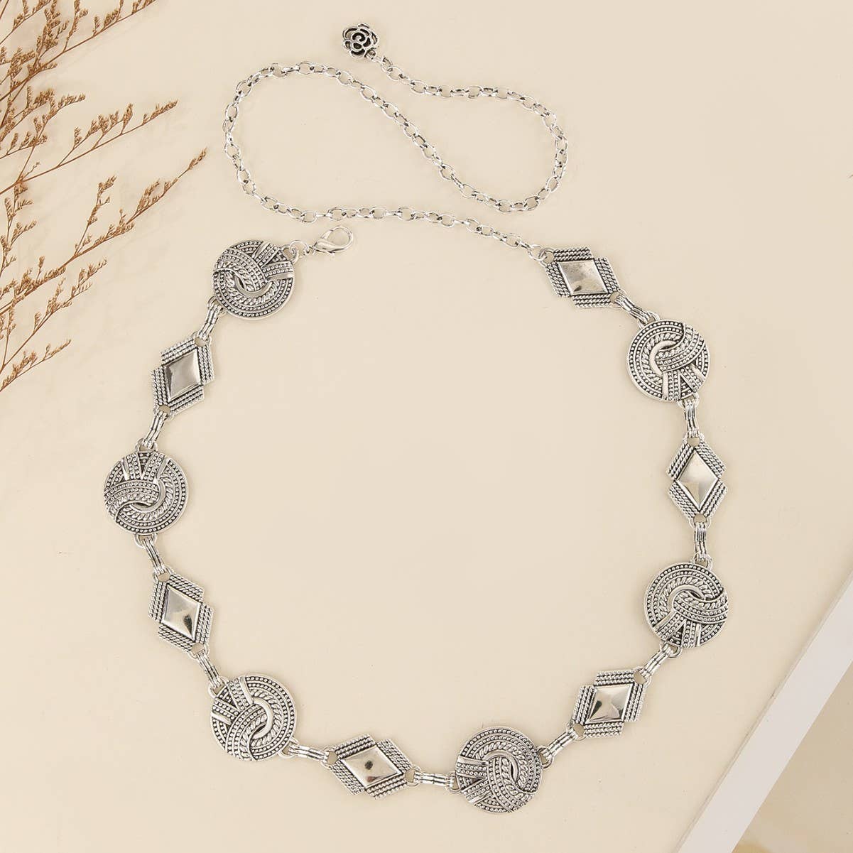Retro rhinestone irregular metal waist chain