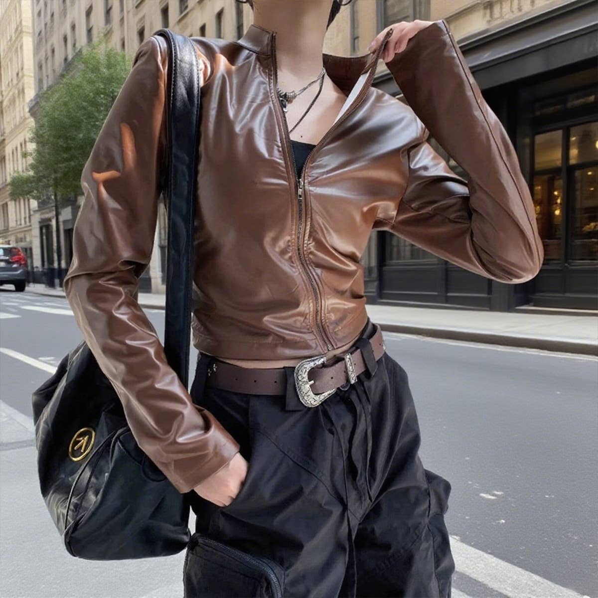 Stand-up collar slanted zipper leather jacket