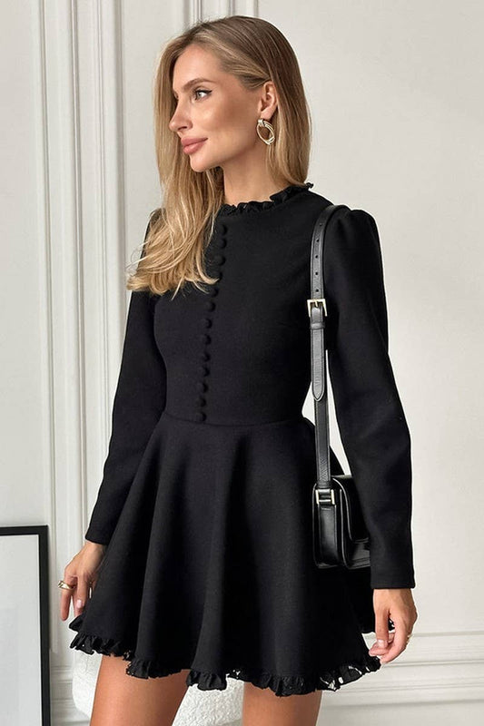 CWDSD6737_BLACK LACE TRIM LONG SLEEVE A-LINE DRESS