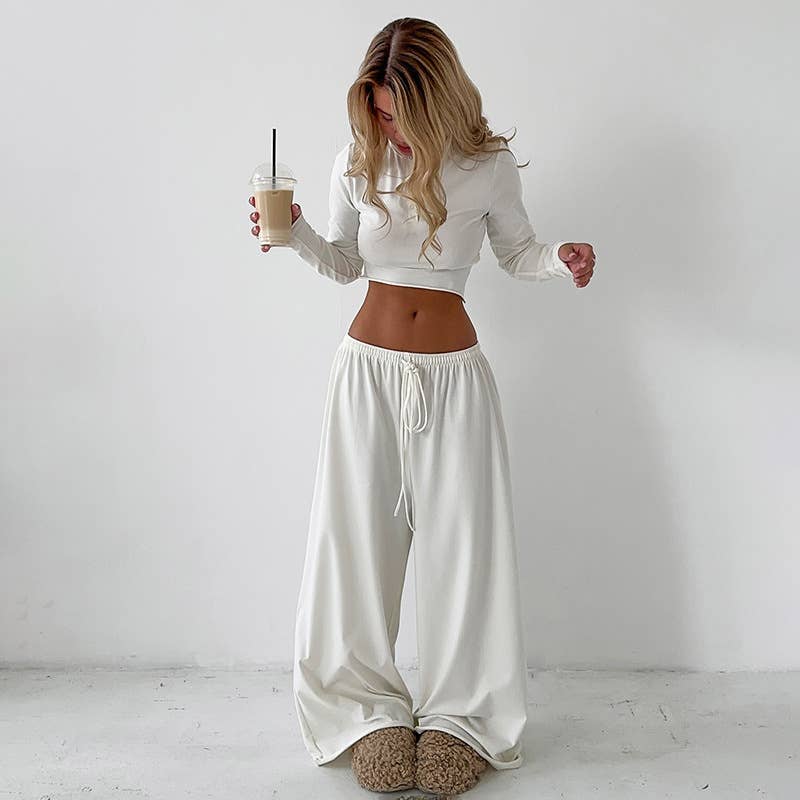 Round-neck solid crop top wide-leg pants set