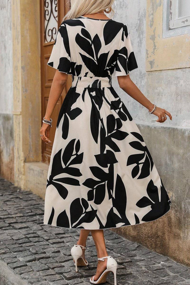 CWDMD4375_CROSSOVER NECK BELTED FLORAL PRINT SLIT DRESS