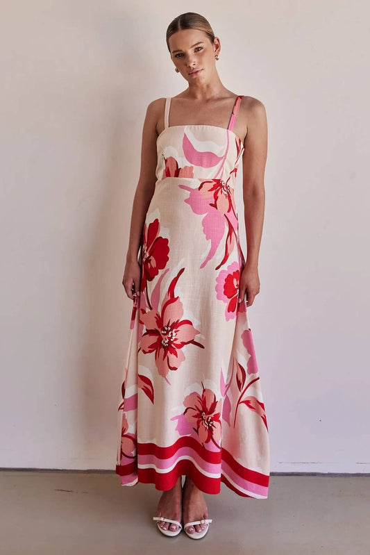 Holiday-chic slim floral print long halter dress