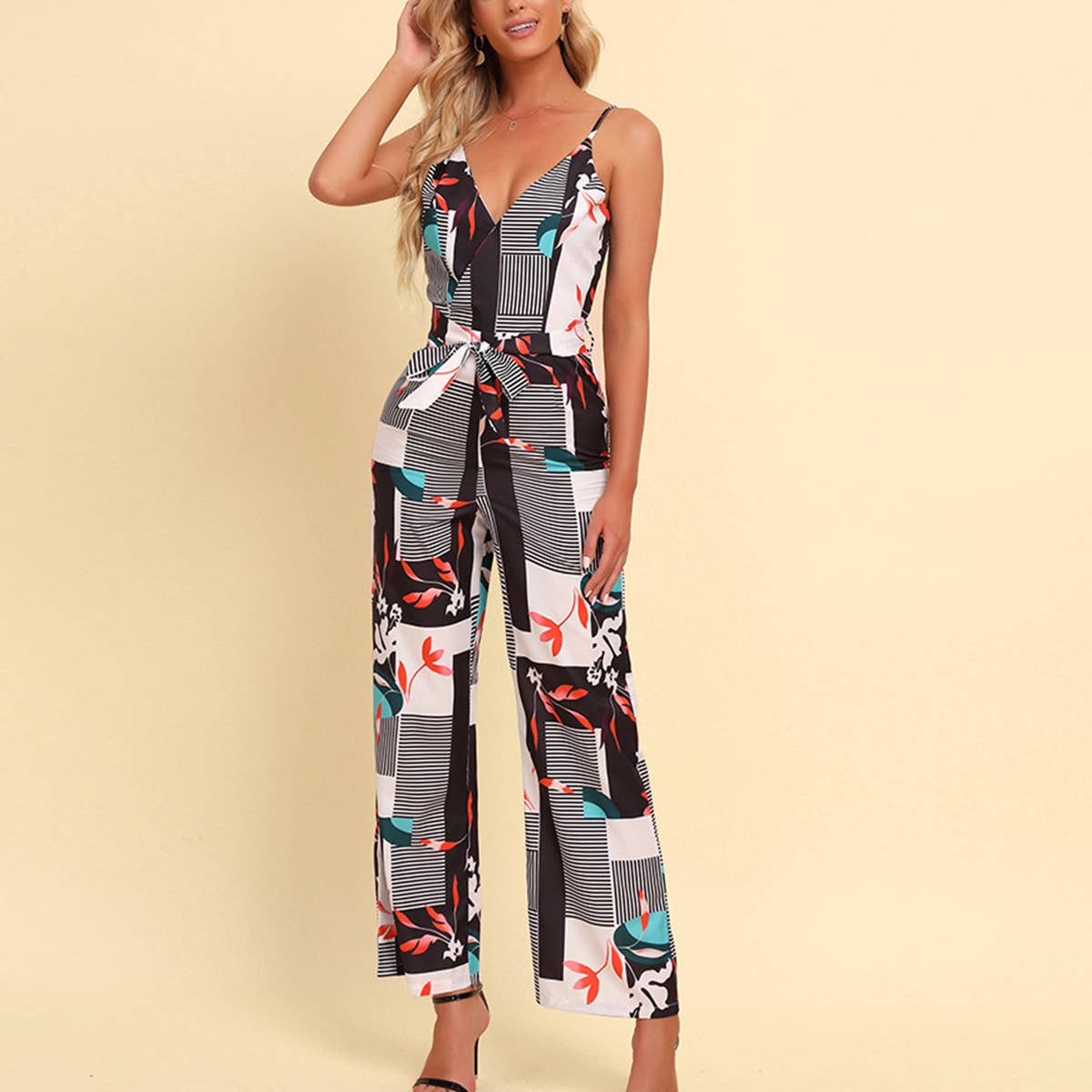 PRINTED HALTER BACK DEEP V-NECK STRAPPY JUMPSUIT