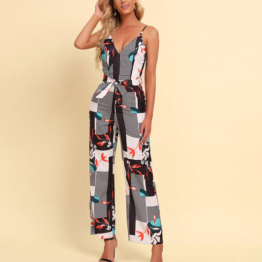 PRINTED HALTER BACK DEEP V-NECK STRAPPY JUMPSUIT