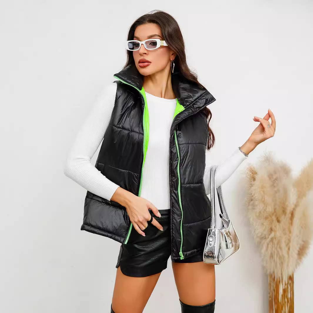 STANDING COLLAR ZIPPER SHORT PADDED JACKET VEST