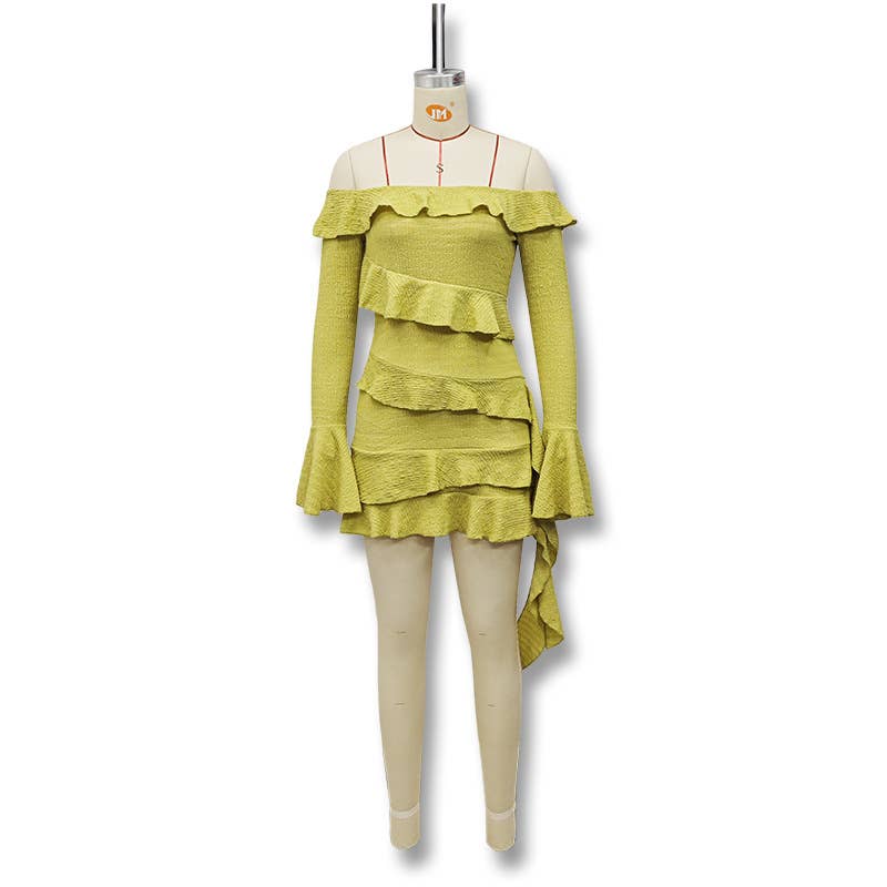 One-shoulder ruffled flared sleeve ribbon dress