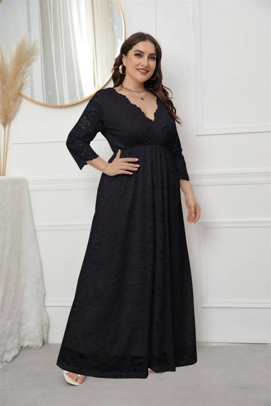CWDMD3208_PLUS SIZE V NECK LACE LONG GOWN DRESS