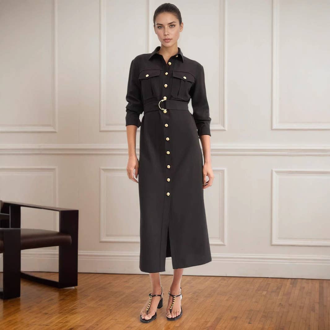 Single-row metal buttoned shirt-style dress