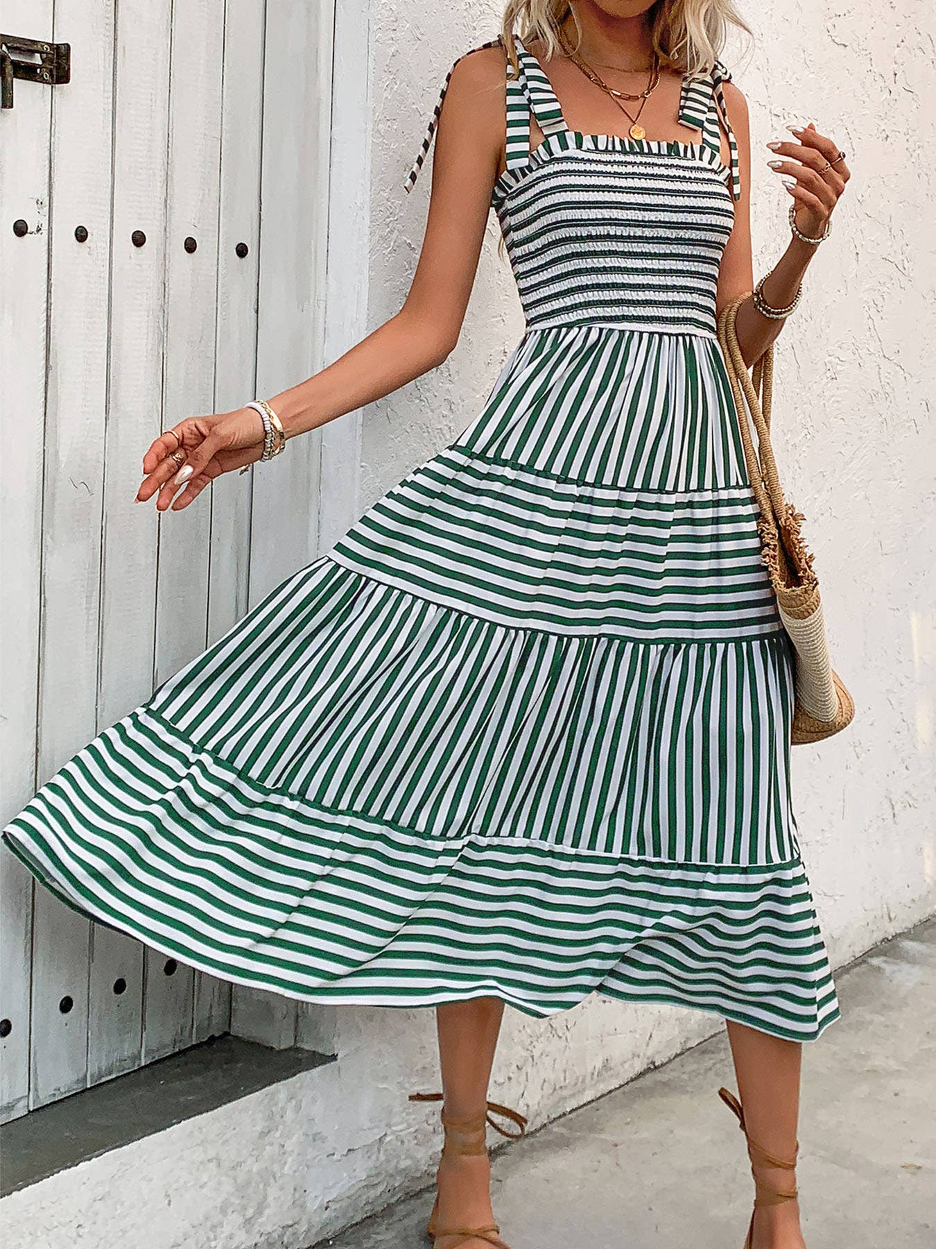 LONG HALTER DRESS WITH STRIPED WAIST FOR VACATION