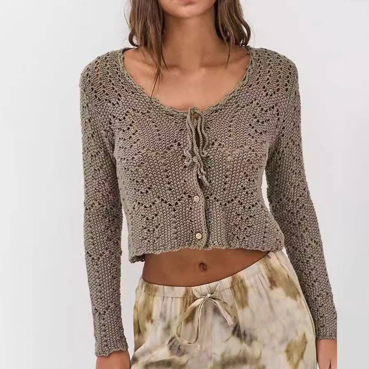 SEXY V-NECK HOLLOWED OUT SOLID COLOR CARDIGAN