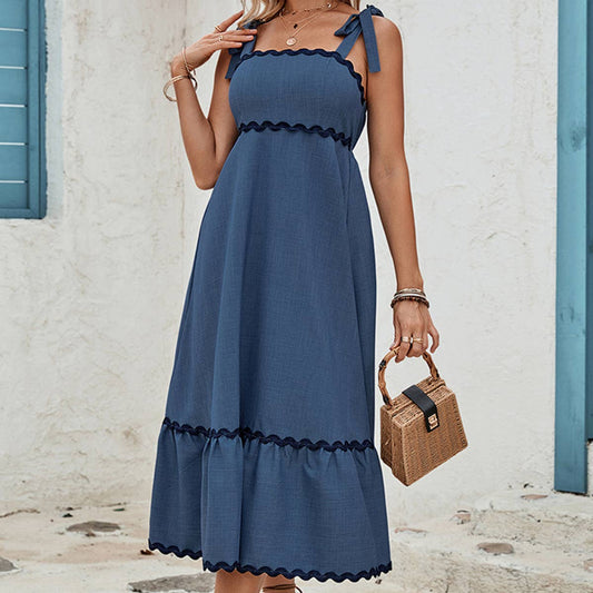 Square neckline A-line suspender long dress