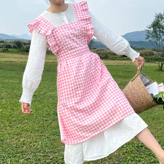 PLAID RUFFLE APRON CAFE GARDENING SMOCK APRON_CWMM5823
