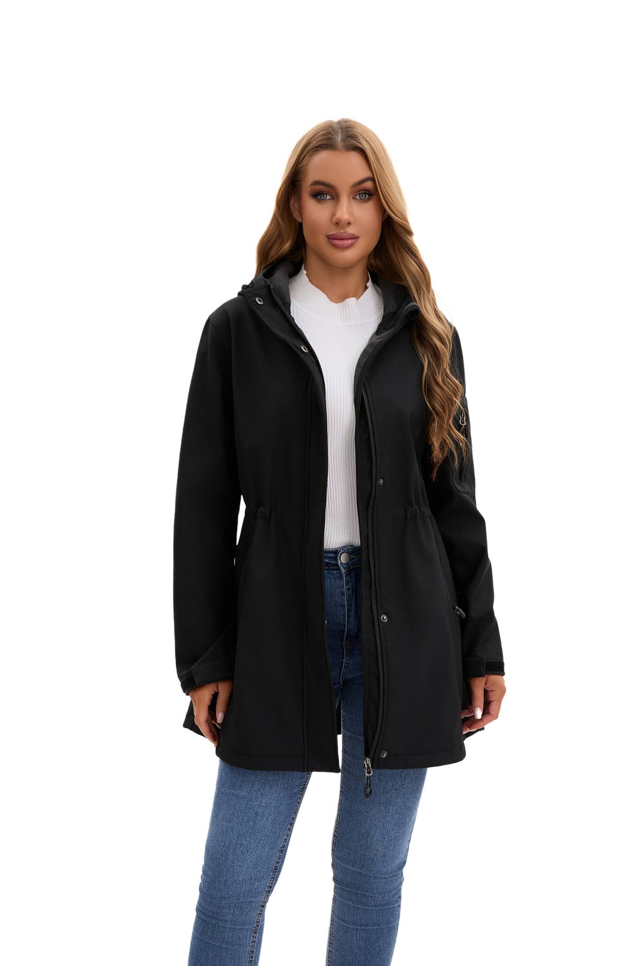 Hooded multi-pocket fleece down jacket