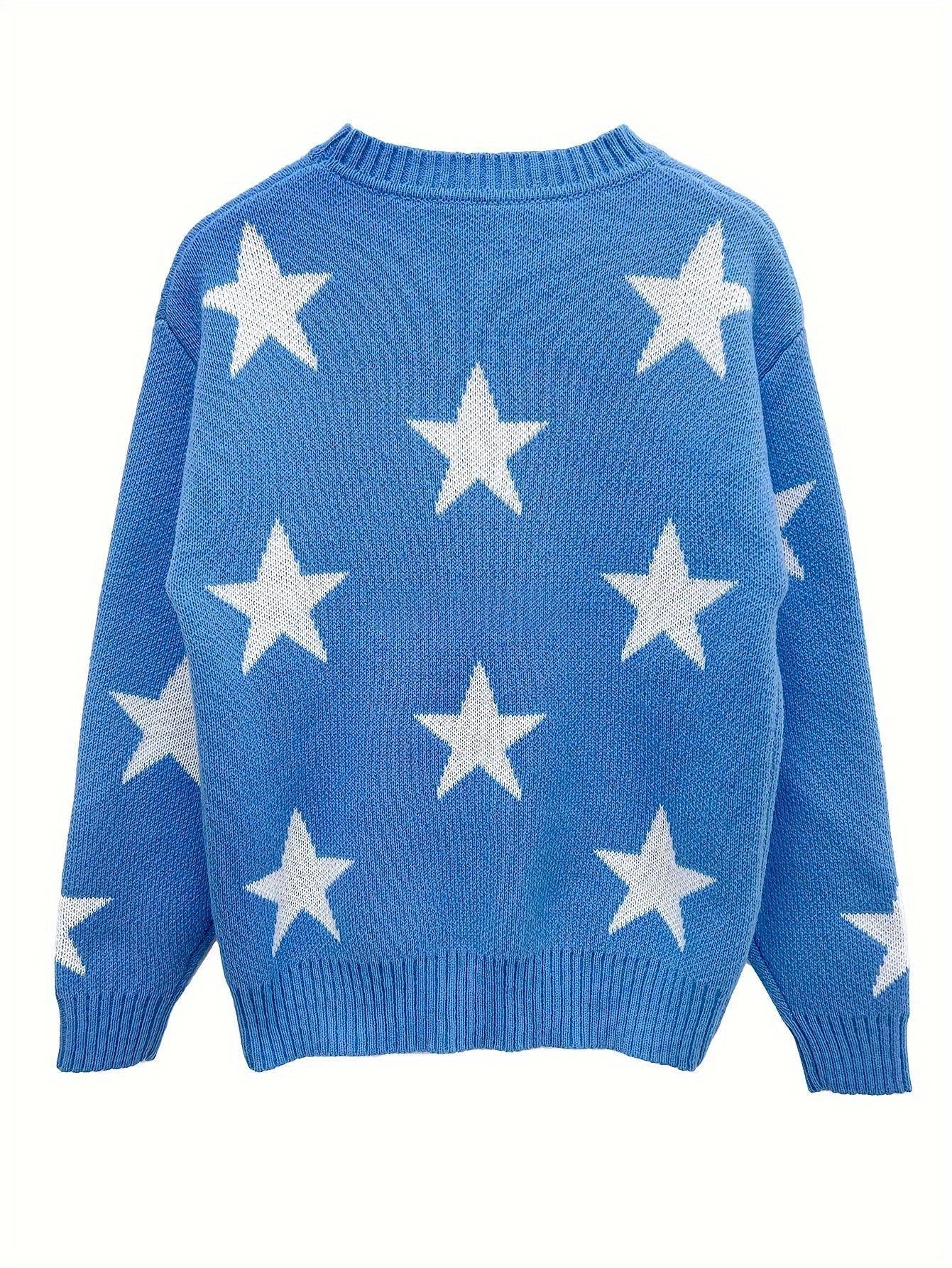 Star-jacquard round-neck long-sleeved sweater