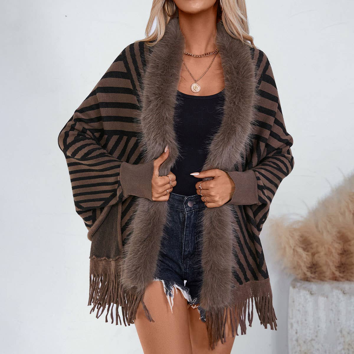 Fashion striped fringe knitted shawl cape
