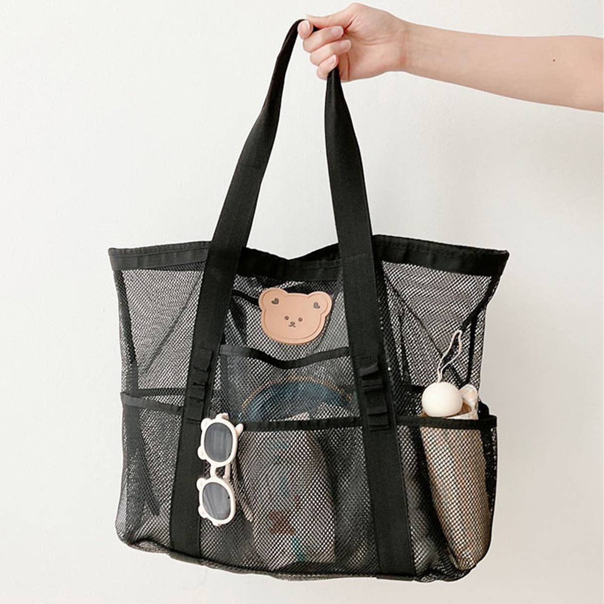 BLACK TRANSPARENT MESH HOLLOW BEACH BAG TOTE BAG_CWAB1922