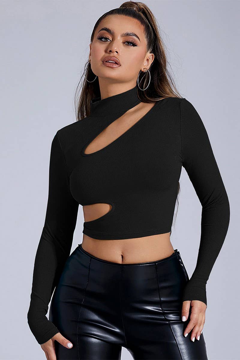 CWDSD6476_HALF TURTLENECK HOLLOW LONGSLEEVE SHORT TIGHT TOP