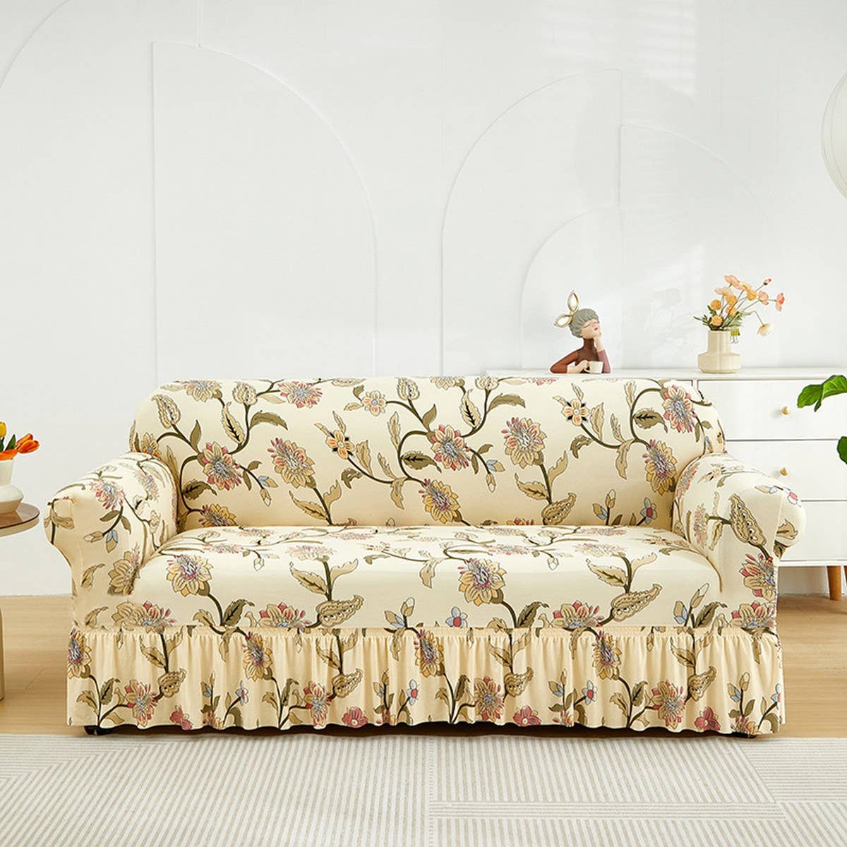 Floral Skirted Sofa Cover, Stretch & Full Fit