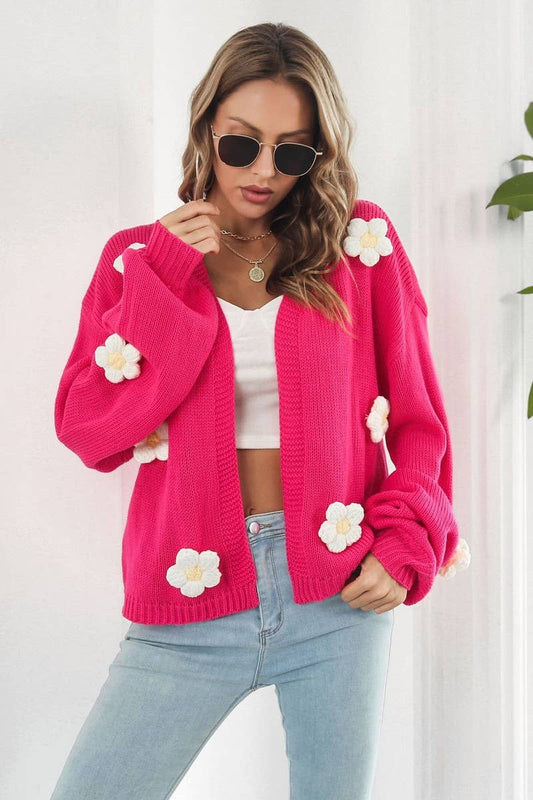 CWOCAL1182_EMBROIDERED FLOWER LANTERN SLEEVE KNIT CARDIGAN