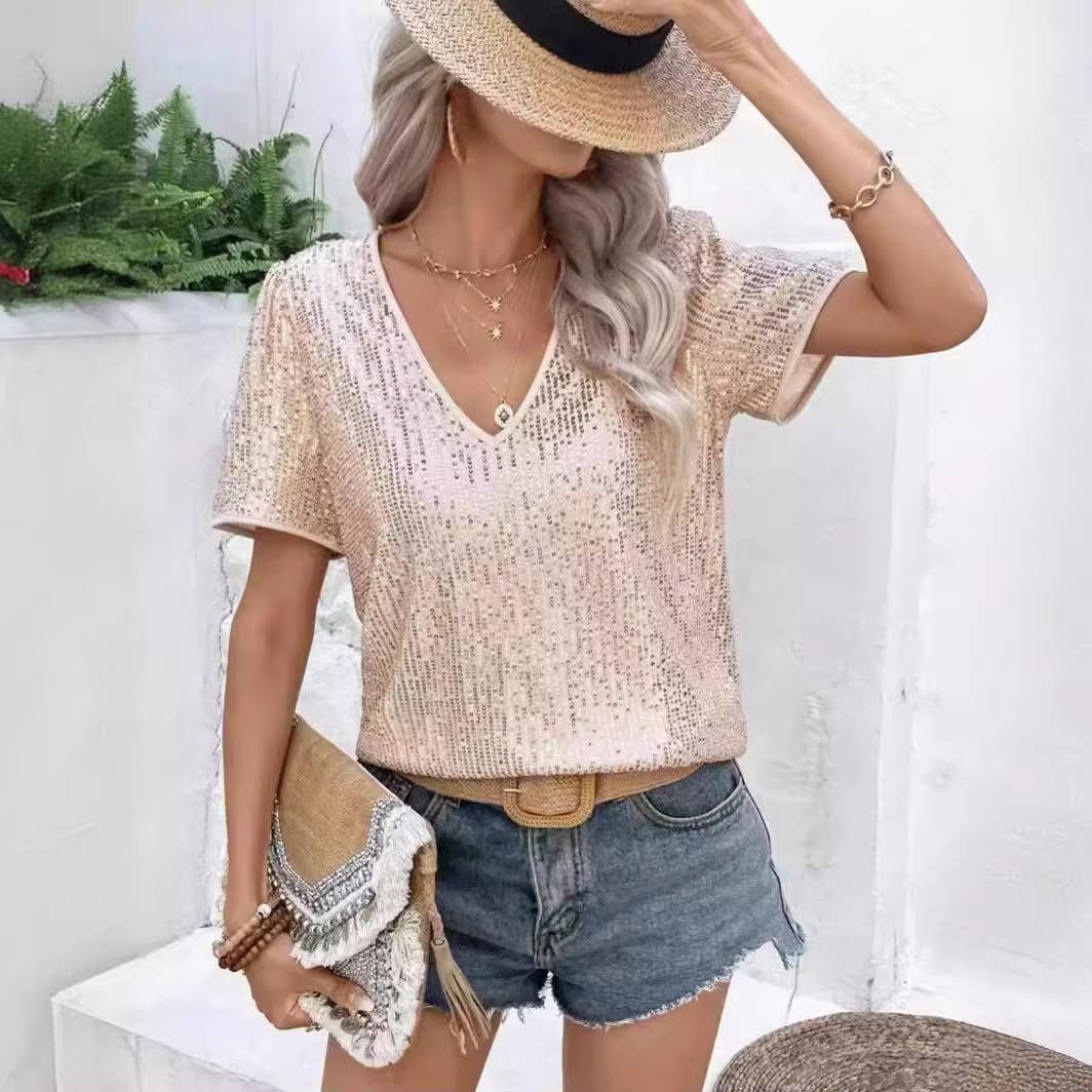 V-neck solid sequined short-sleeved blouse