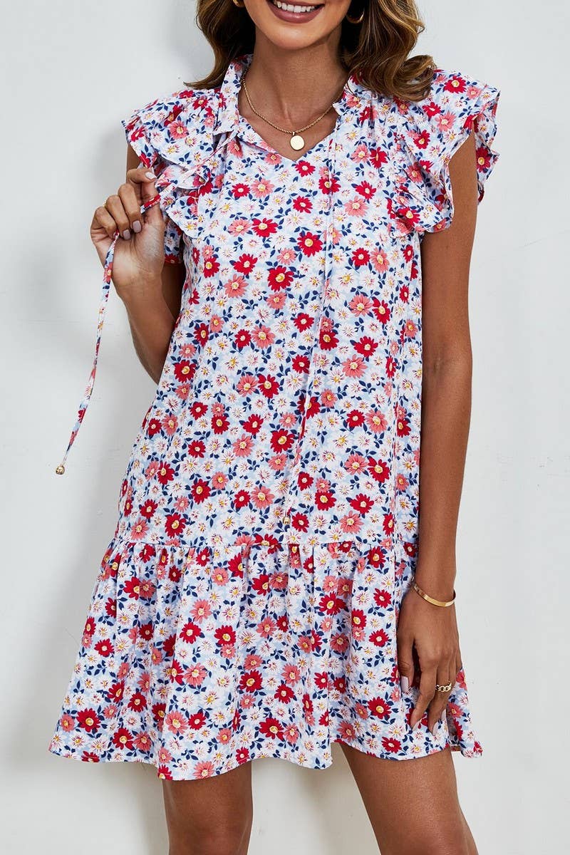 CWDSD7425_RUFFLED SLEEVELESS V-NECK PRINTED LAYERED DRESS