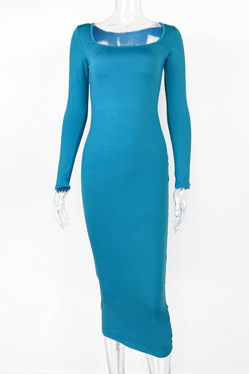 CWDMD4902_SOLID COLOR SLIM SQUARE NECK LONG SLEEVE DRESS