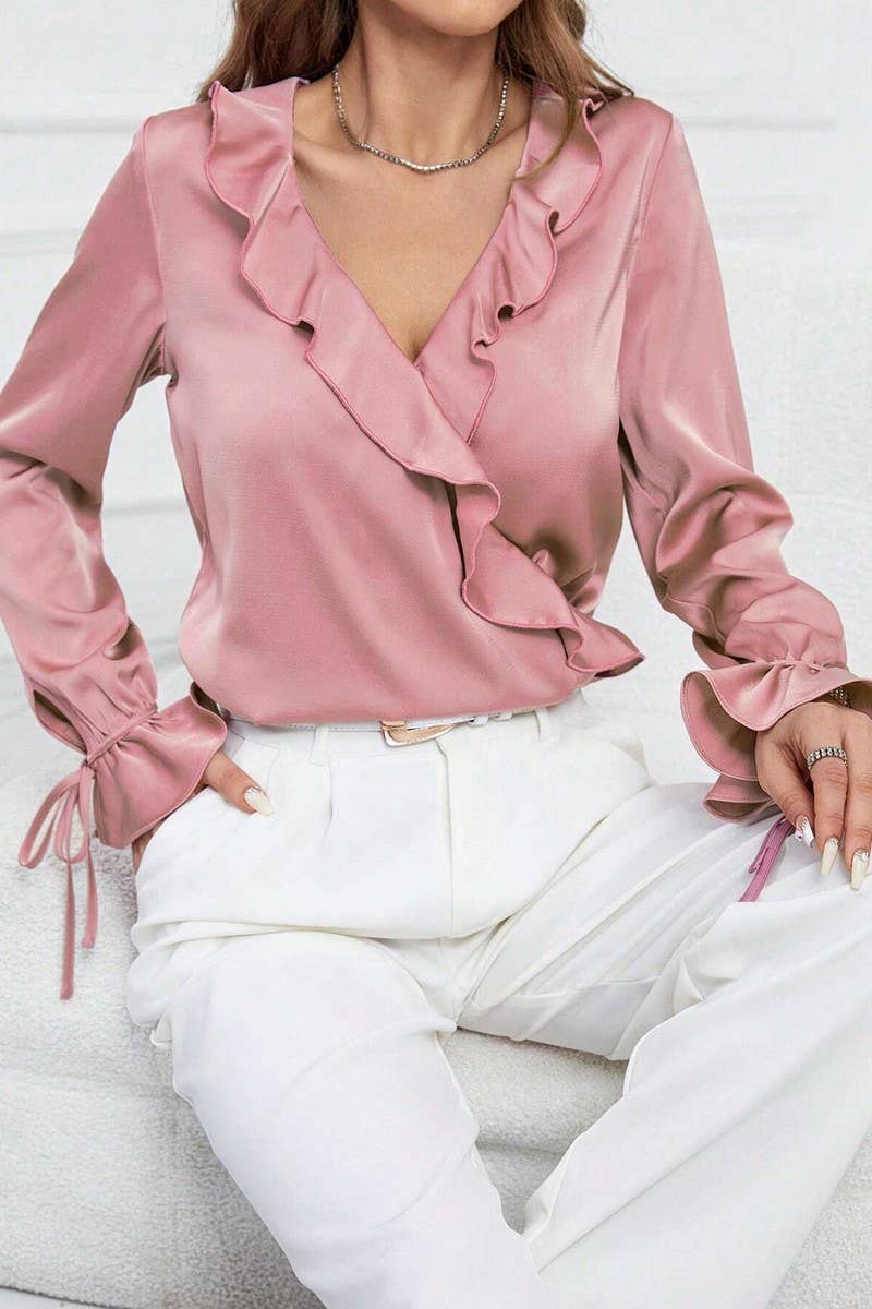 V-NECK RUFFLED CUFF SHIRT WITH RUFFLED HEM