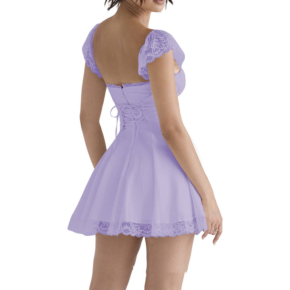 Lace-trimmed square-neck fitted backless dress