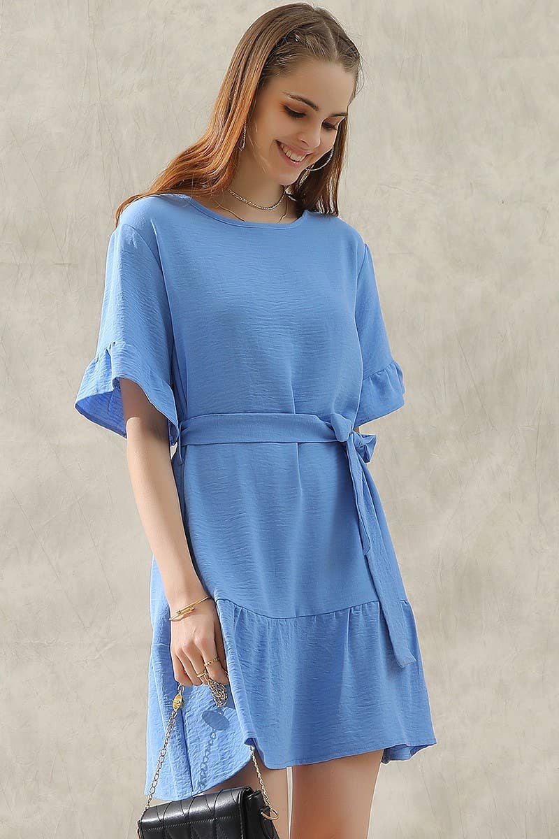 CWDSD10405_WAIST BOW TIE MIDI RUFFLE SHORT MIDI DRESS