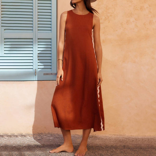 Fashion crew-neck splicing lace slit long dress