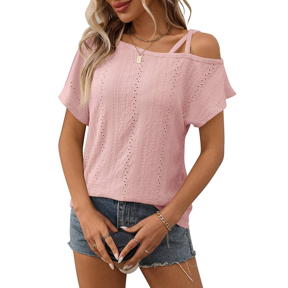 Solid color single shoulder short sleeve Top