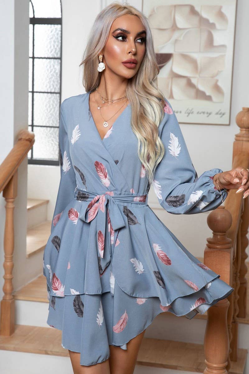 CWDSD2921_FEATHER PRINT  HEM RUFFLED LACE-UP MINI DRESS