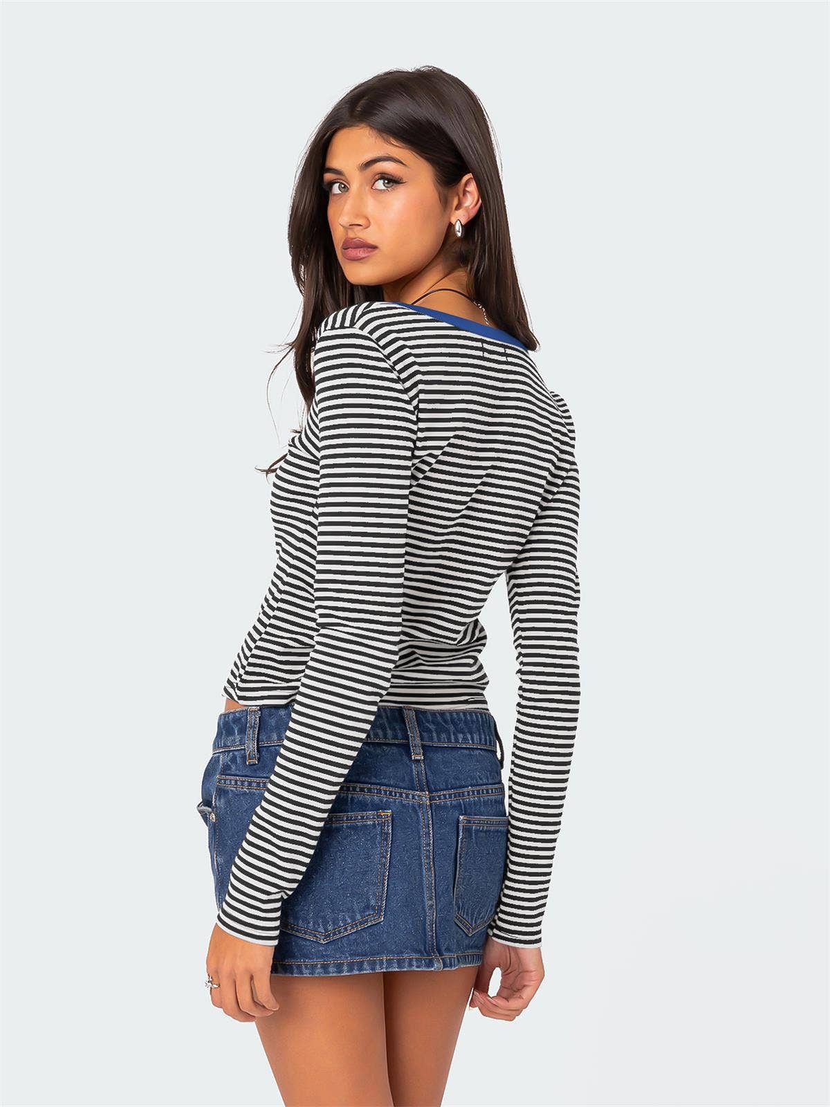 STRIPED COLOR CONTRAST KNIT BUTTON COTTON T-SHIRT