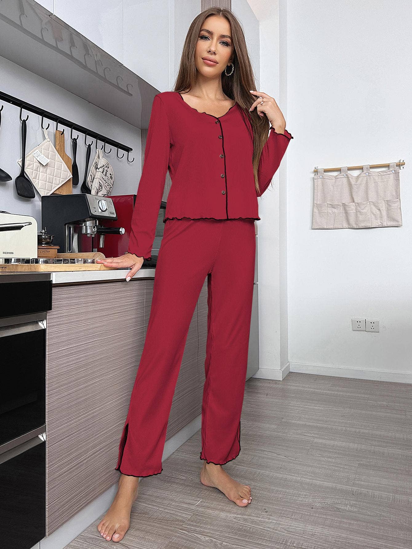 PIT STRIP CARDIGAN LONG SLEEVE TROUSERS HOME SUIT