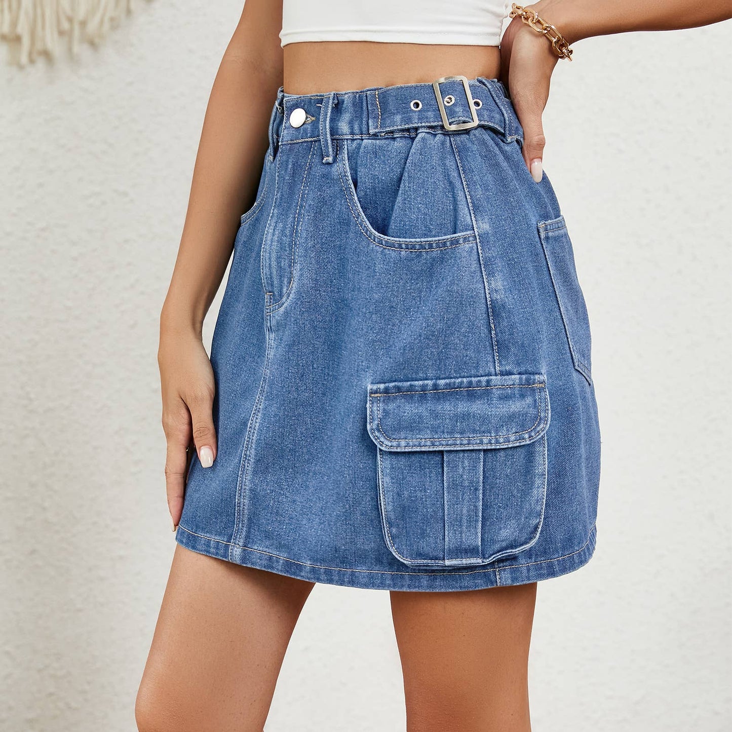 WASHED DENIM SKIRT WITH ADJUSTABLE WAIST