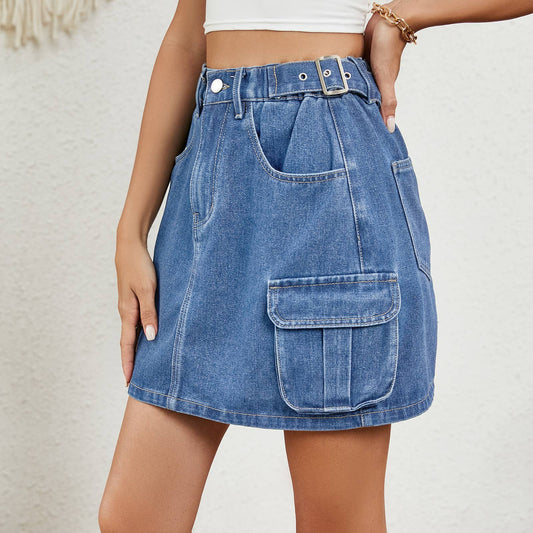 WASHED DENIM SKIRT WITH ADJUSTABLE WAIST