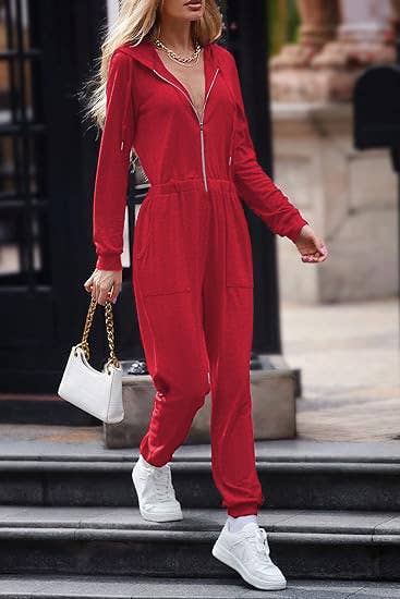 HOODED LONG-SLEEVED ZIP-UP SPORTS JUMPSUIT