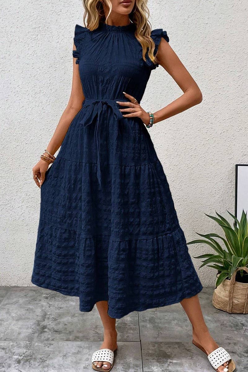 CWDMD4952_SUMMER RUFFLED FLYING SLEEVES TEXTURED DRESS