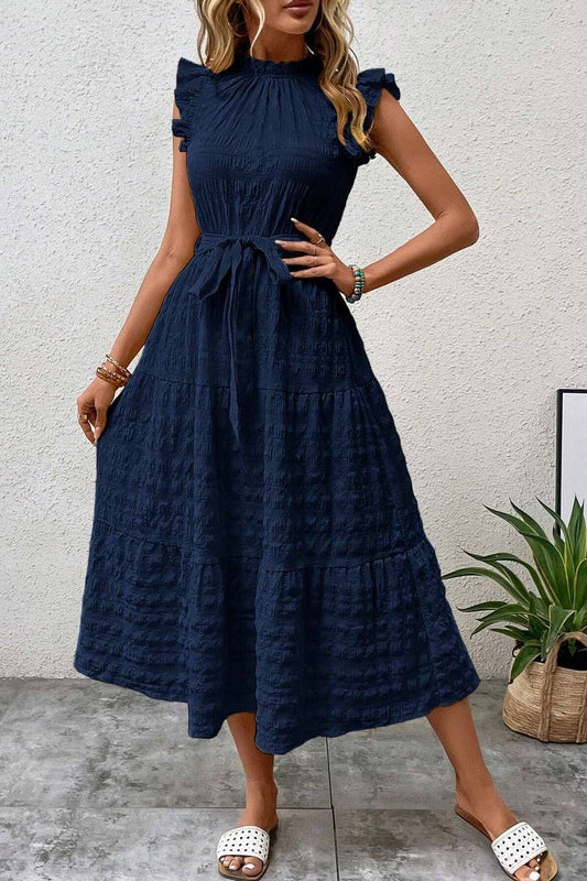 CWDMD4952_SUMMER RUFFLED FLYING SLEEVES TEXTURED DRESS