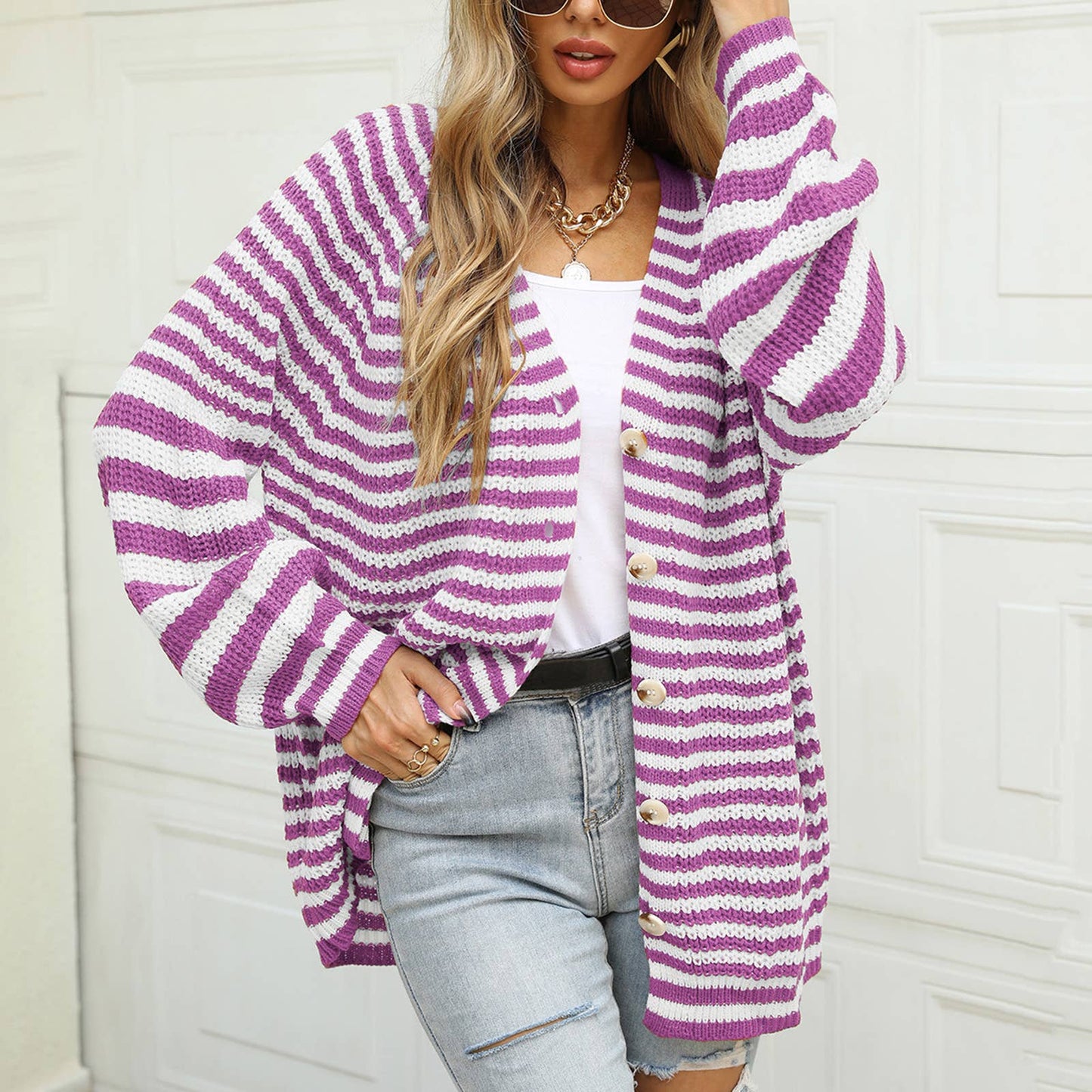 Single breasted loose striped cardigan knit coat