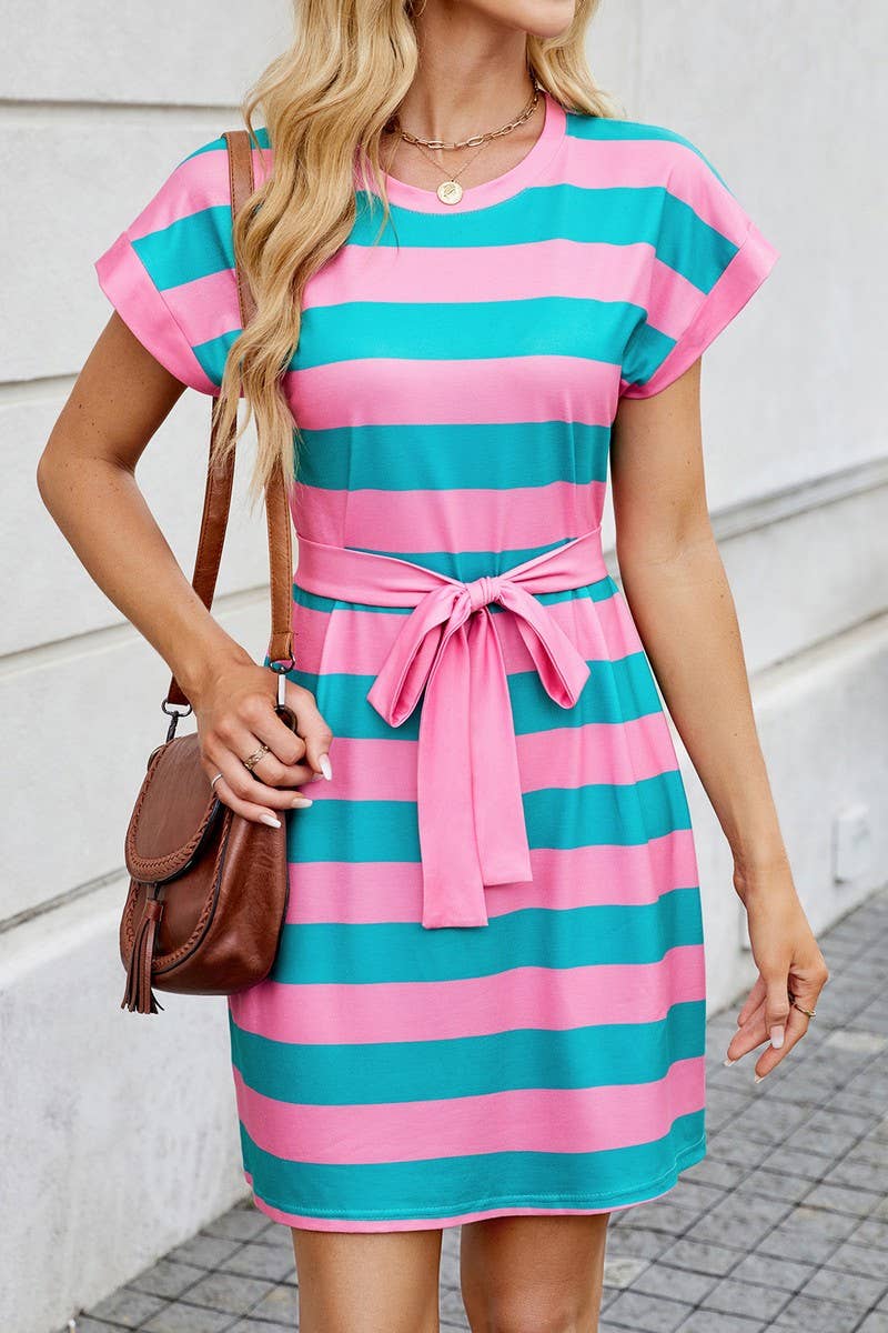 CWDSD8717_CREWNECK STRIPED SHORT SLEEVE TIE WAIST DRESS