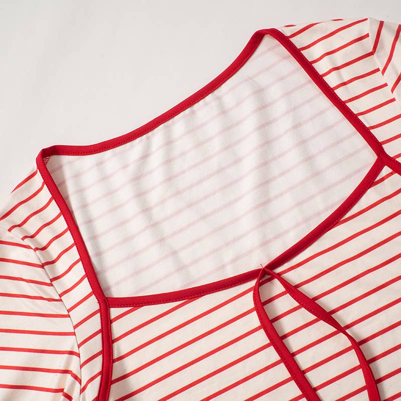 STRIPED SQUARE NECK FLARED LONG SLEEVE TOP