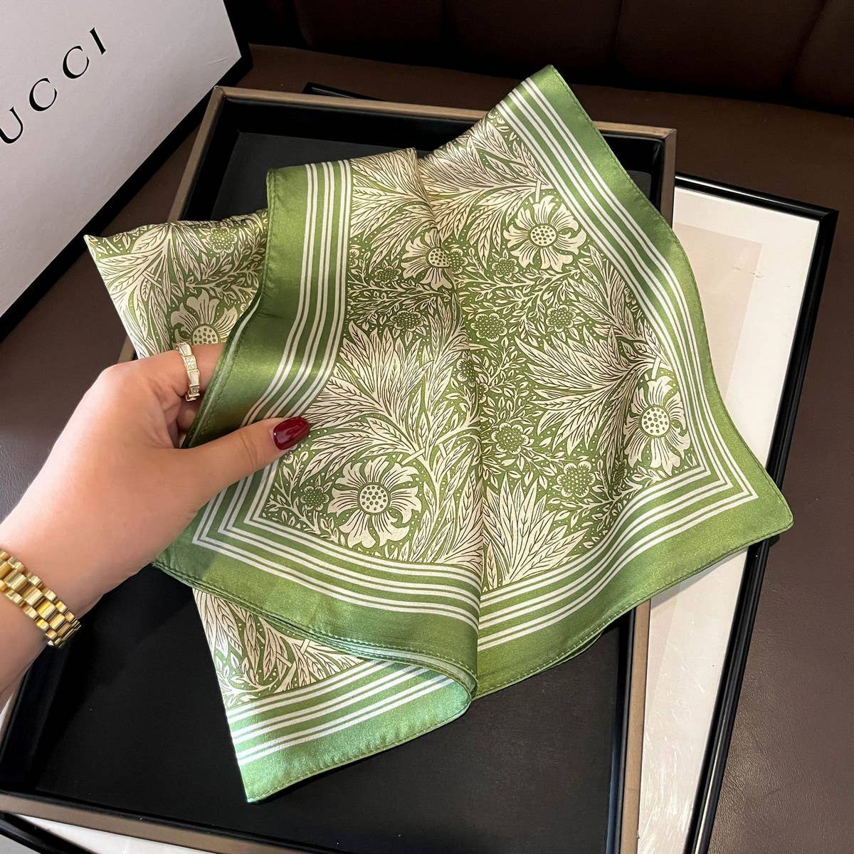 Green Floral Square Neck Scarf for Women